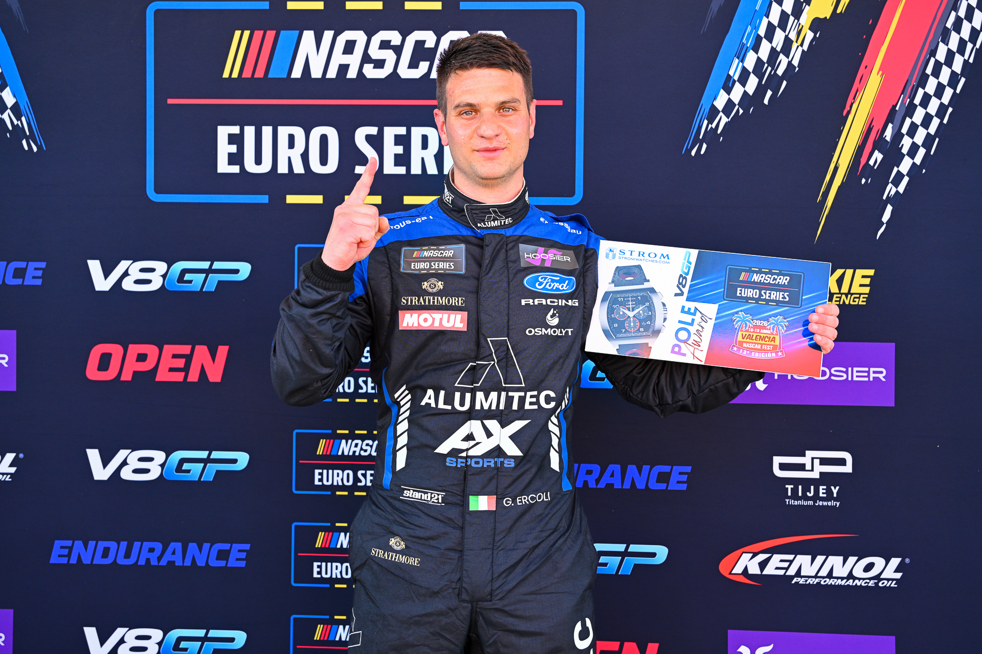 Gianmarco Ercoli showcases his Strom Watches Pole Award plaque after securing his 11th career V8GP pole position at Valencia
