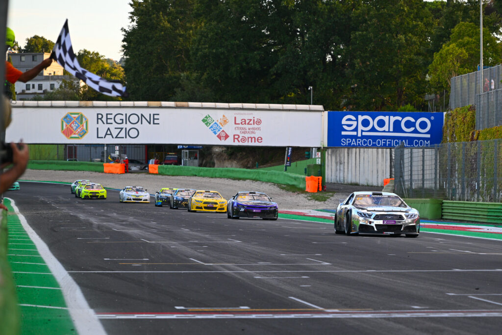 Raphaël Lessard leads the field to the checkered flag during a yellow flag finish for EuroNASCAR OPEN Race 1 at Autodromo Vallelunga