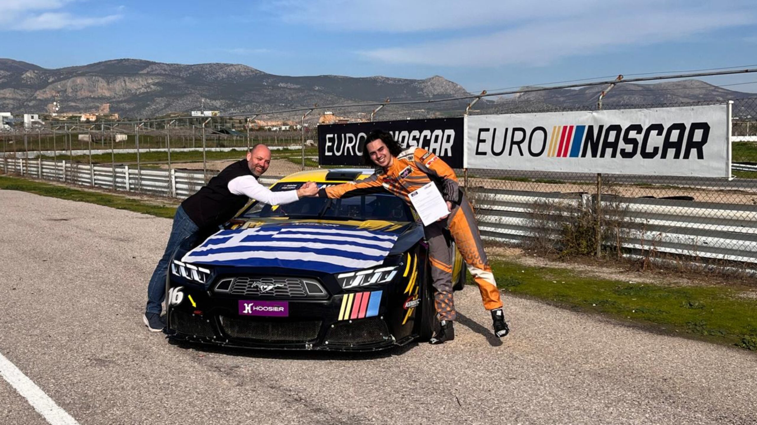 Jerome Galpin (left) and Thomas Krasonis (right) had a handshake to celebrate the success of EuroNASCAR's first run in Greece