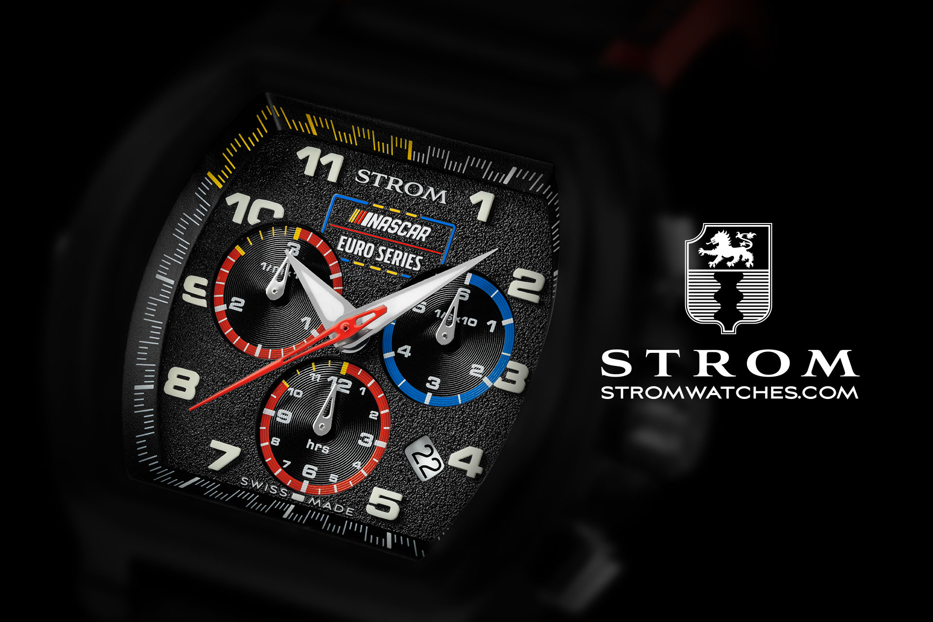 The official graphic announcing Strom Watches' EuroNASCAR-themed Cruizer Chronograph watches