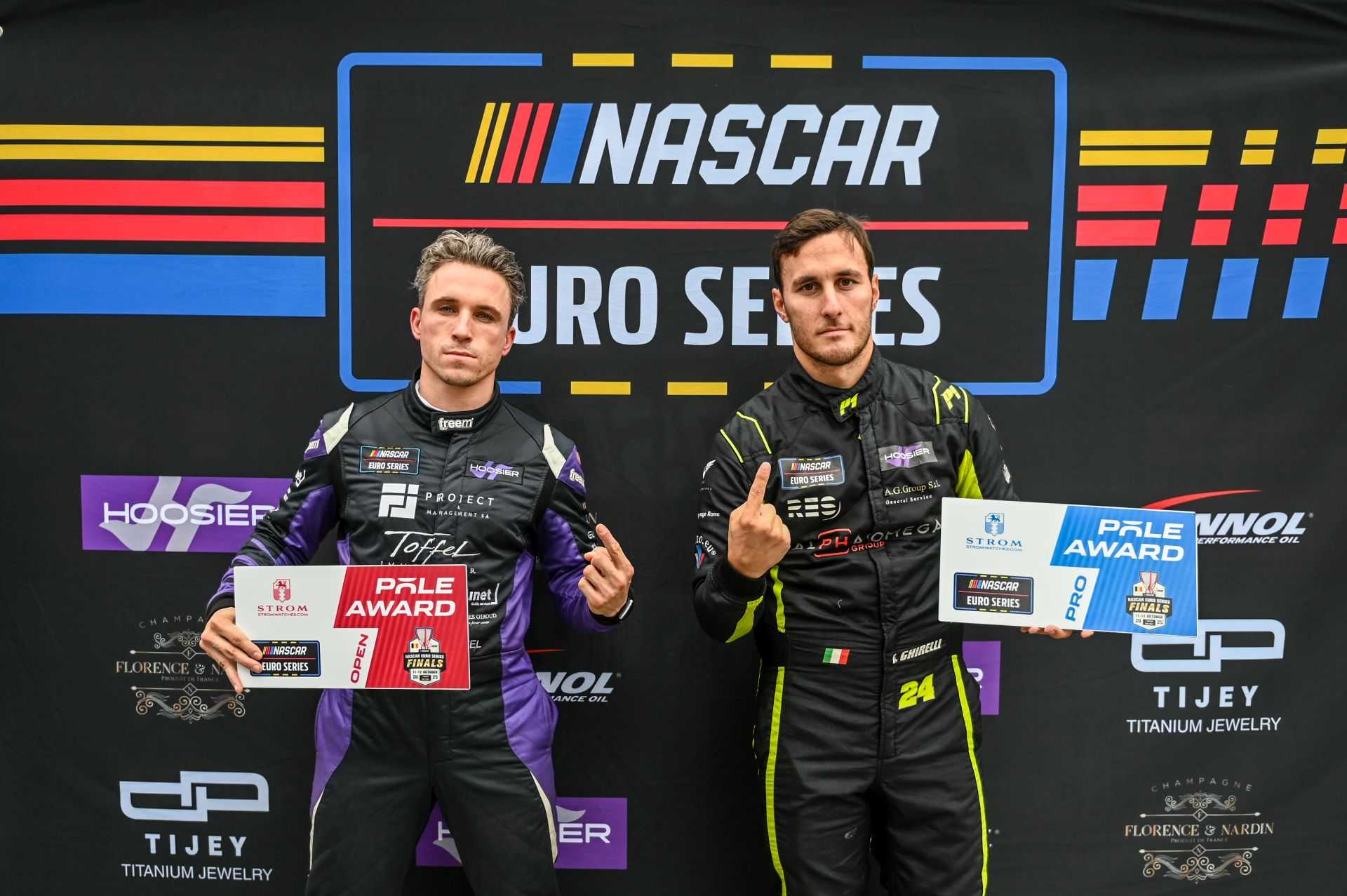 Thomas Toffel and Vittorio Ghirelli brandishes the Pole Position Awards that they received during the 2025 EuroNASCAR Finals