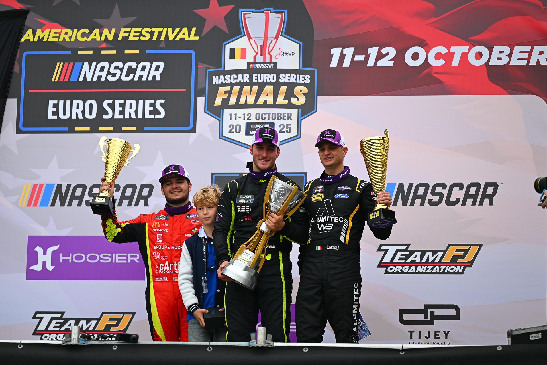 Vittorio Ghirelli (center), Gianmarco Ercoli (right) and Paul Jouffreau (left) celebrated their top-3 championship finishes in the 2025 EuroNASCAR season