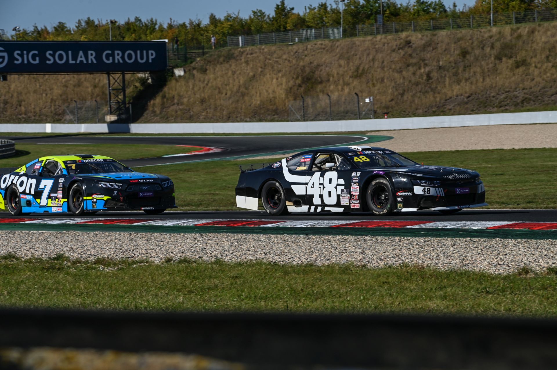Gordon Barnes in the flagship #48 Marko Stipp Motorsport Camaro leads Martin Doubek during the EuroNASCAR OPEN Free Practice sessions