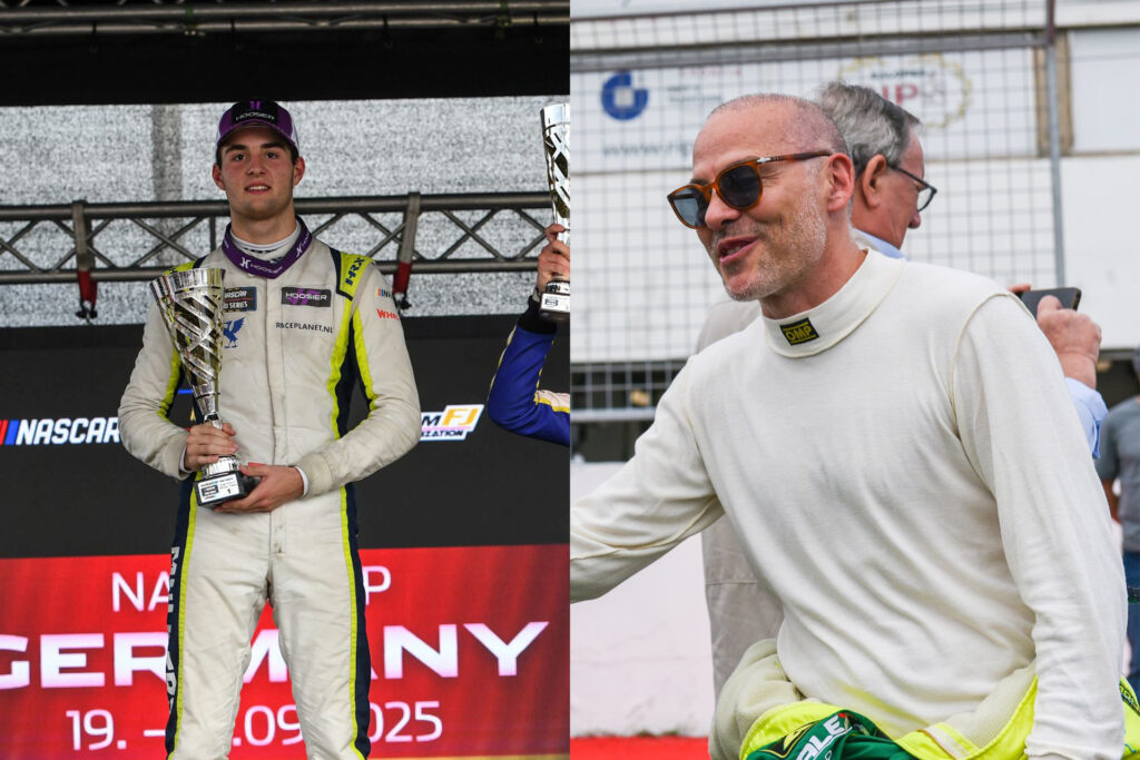 A mix of images featuring Bruno Mulders (left) from Oschersleben 2025 and Jacques Villeneuve (right) from Rijeka 2021