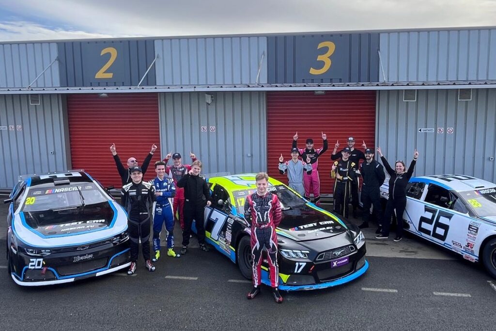 Drivers from the second day of the 2026 NASCAR Recruitment Test poses to the camera at the end of the sessions