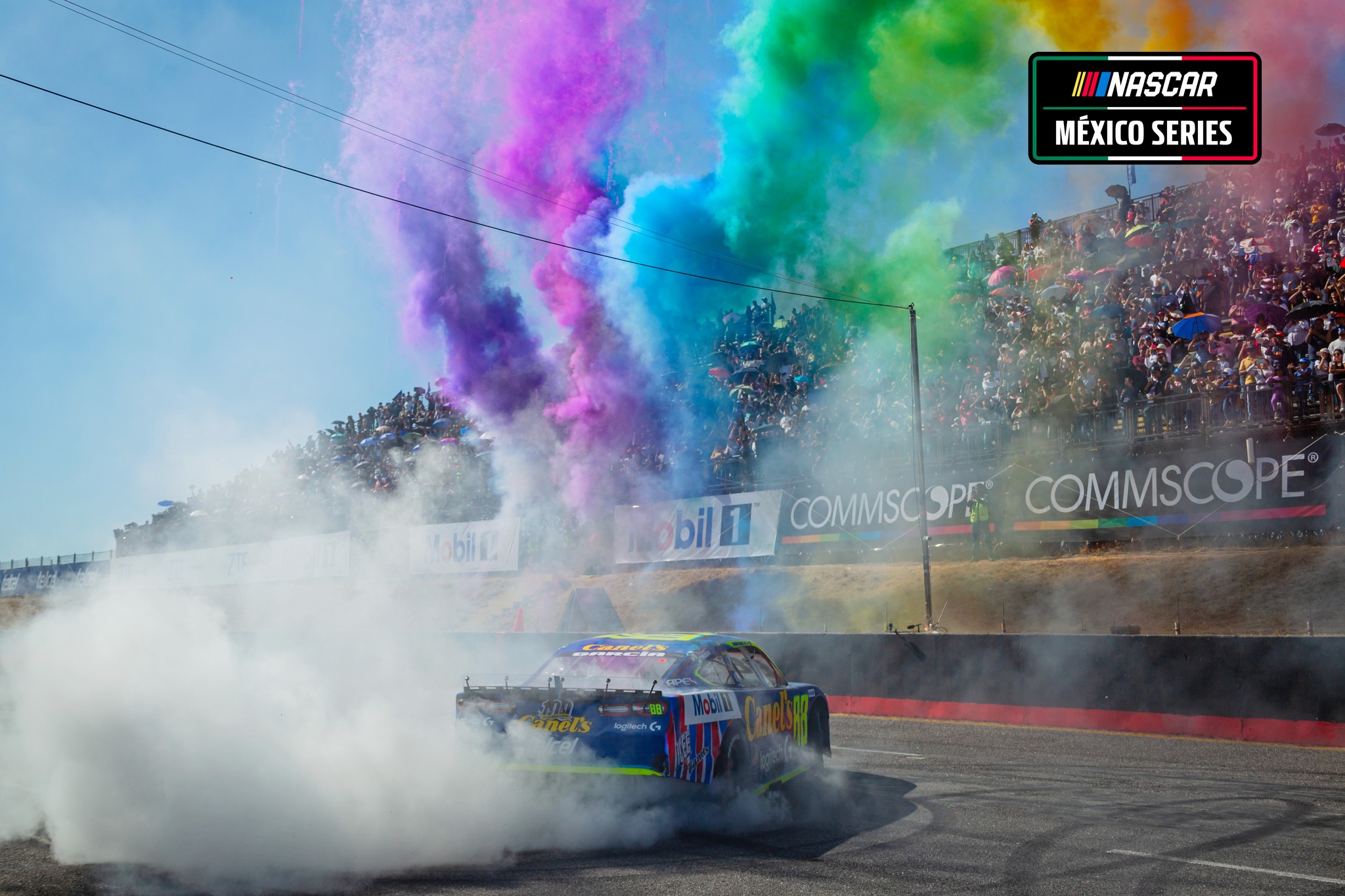 Rubén García Jr. celebrates his win in the 2025 NASCAR Mexico Series season opener at Super Óvalo Potosino