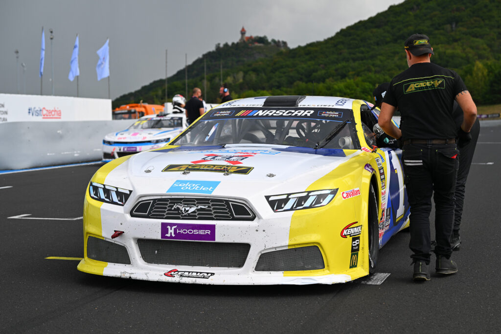 Federico Monti's #1 Ford Mustang stood on the grid prior to the 2025 NASCAR GP Czech Republic at Autodrom Most