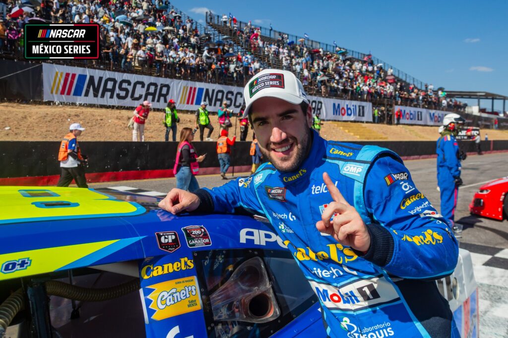 Ruben Garcia Jr. shows his winners sticker after he won the 2026 NASCAR Mexico Series opener in Potosino