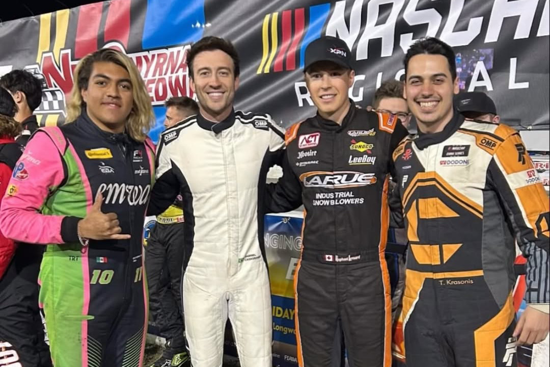 Thomas Krasonis (right) takes a photo alongside fellow NASCAR International stars Toro Rodriguez (left), Gabriel Casagrande (middle-left) and Raphaël Lessard (middle-right) at New Smyrna's 2026 World Series