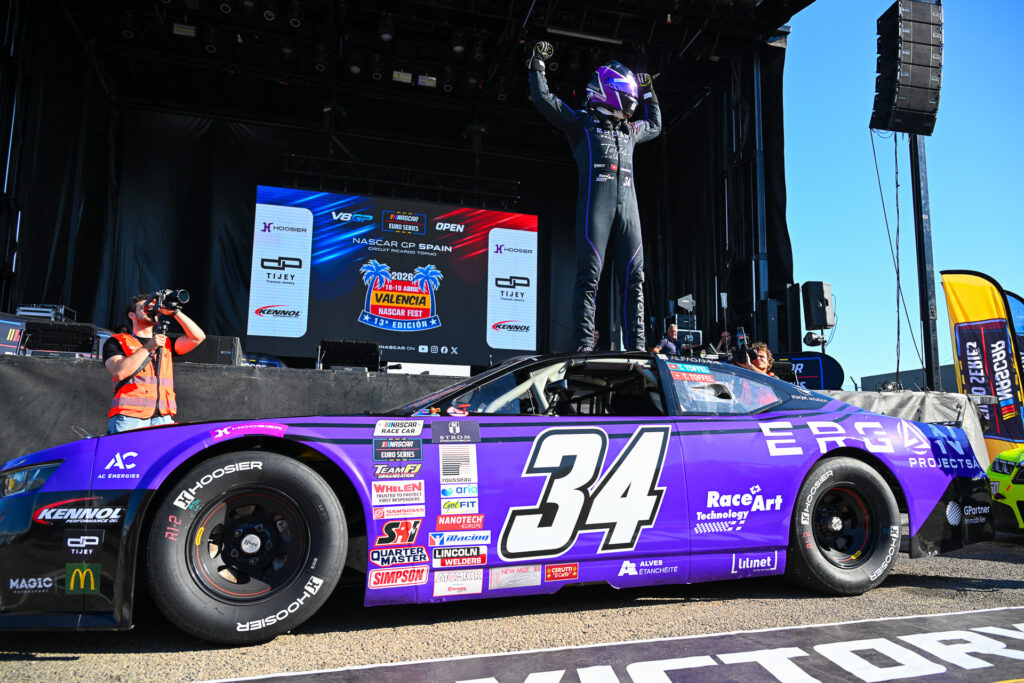 Thomas Toffel celebrates his maiden EuroNASCAR OPEN victory in Race 1 of the 2026 Valencia NASCAR Fest