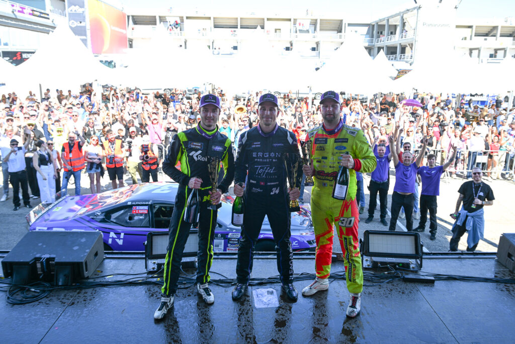 Thomas Toffel (center), Thomas Dombrowski (left) and Gil Linster (right) celebrates their podium finish in EuroNASCAR OPEN Race 2 at Valencia