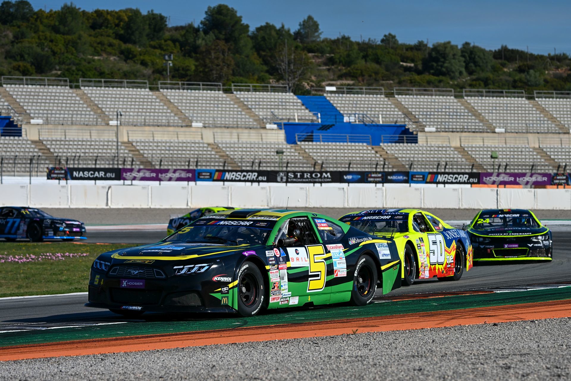 Alex Caffi (#5) leads Jordan O'Brien (#50) and Vittorio Ghirelli (#24) during Qualifying for the 2026 Valencia NASCAR Fest