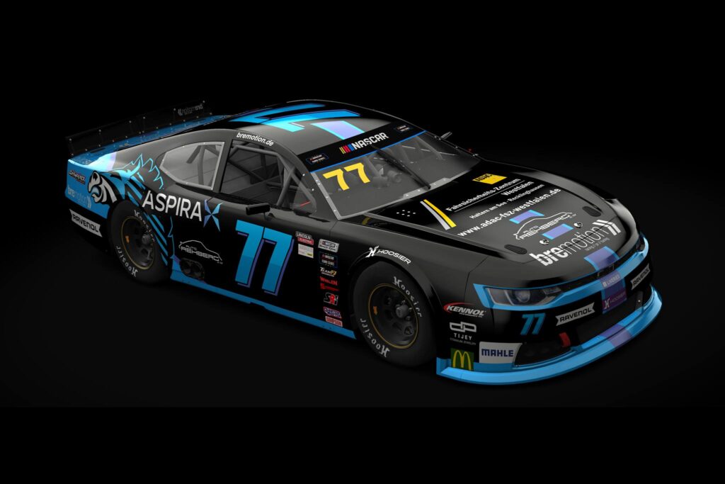 The #77 BS+ Competition / AspiraX Chevrolet Camaro that Beitske Visser and Julien Rehberg will drive in the 2026 EuroNASCAR season