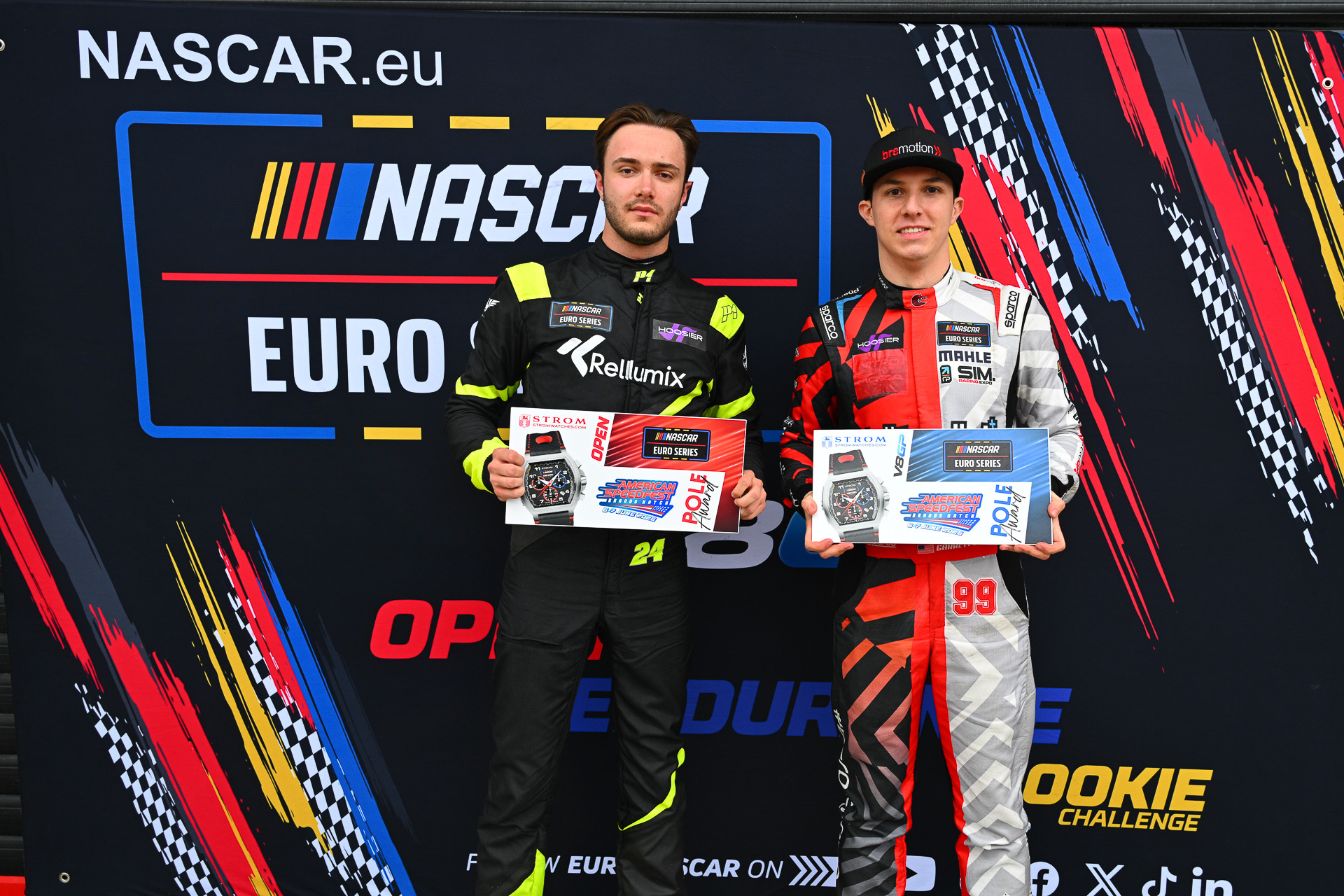 Thomas Dombrowski and Garrett Lowe showcased the Stromwatches.com Pole Award plaques that they received after Qualifying at Brands Hatch