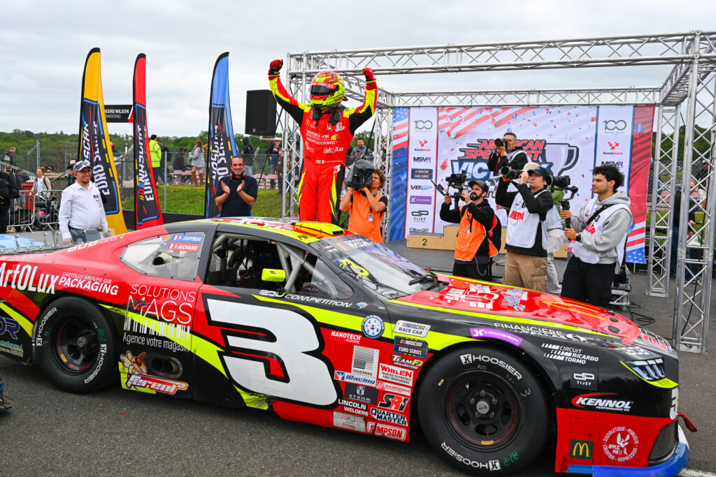 Paul Jouffreau celebrates in Victory Lane after Gianmarco Ercoli's late retirement handed the win back to the Frenchman