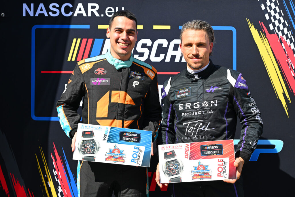 Thomas Krasonis and Thomas Toffel showcased the Stromwatches.com Pole Award plaques that they received after Qualifying at Autodrom Most