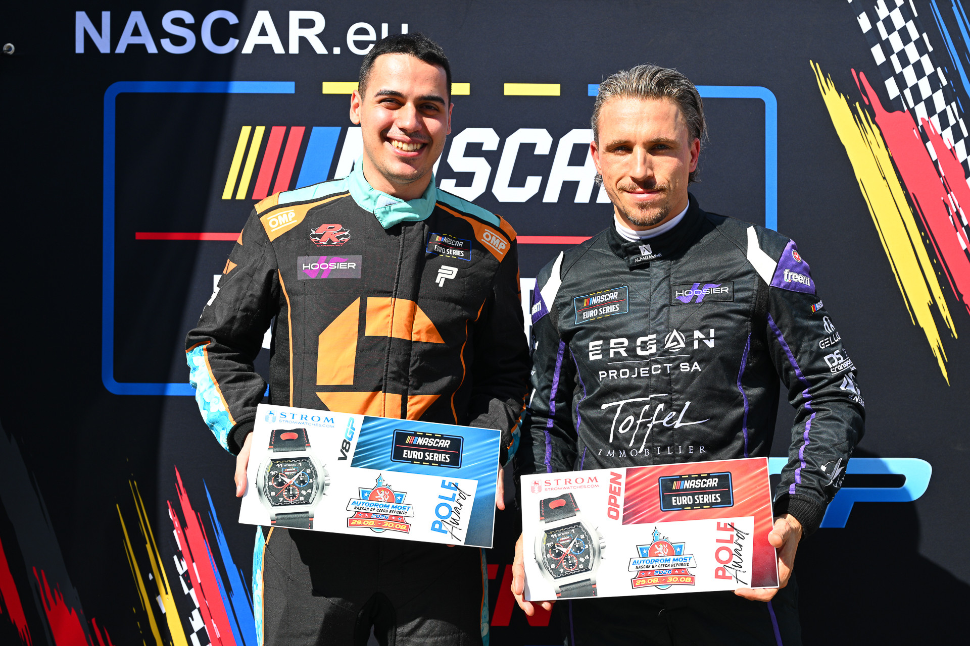 Thomas Krasonis and Thomas Toffel showcased the Stromwatches.com Pole Award plaques that they received after Qualifying at Autodrom Most