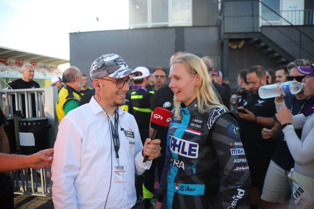 Beitske Visser is interviewed by Andre Wiegold after one of the EuroNASCAR OPEN races at Autodrom Most in 2026