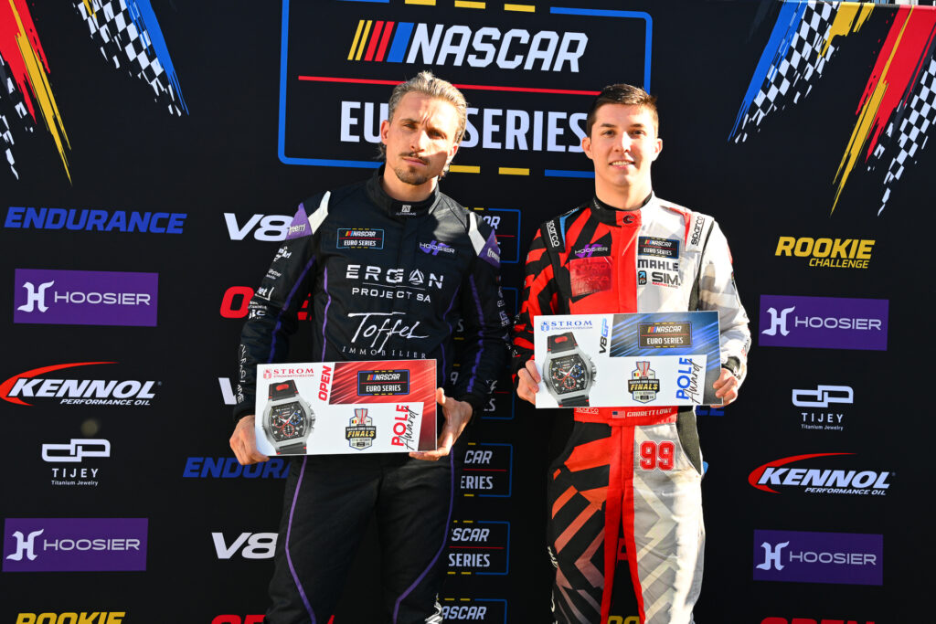 Thomas Toffel (left) and Garrett Lowe (right) brandishes the Stromwatches.com Pole Award plaques that they won at the 2026 NASCAR Euro Series Finals