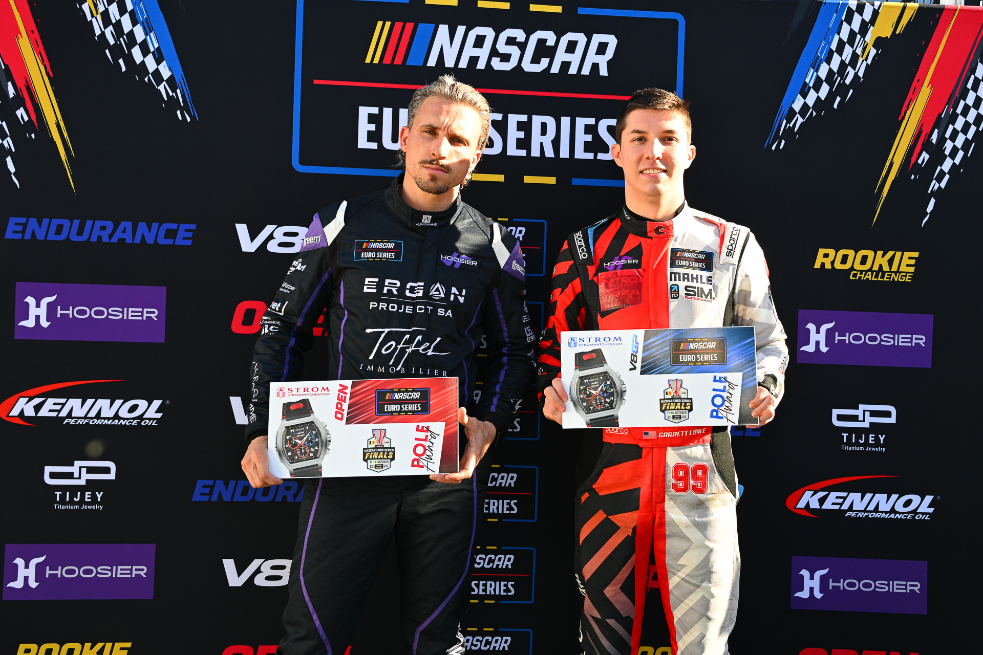 Thomas Toffel (left) and Garrett Lowe (right) brandishes the Stromwatches.com Pole Award plaques that they won at the 2026 NASCAR Euro Series Finals