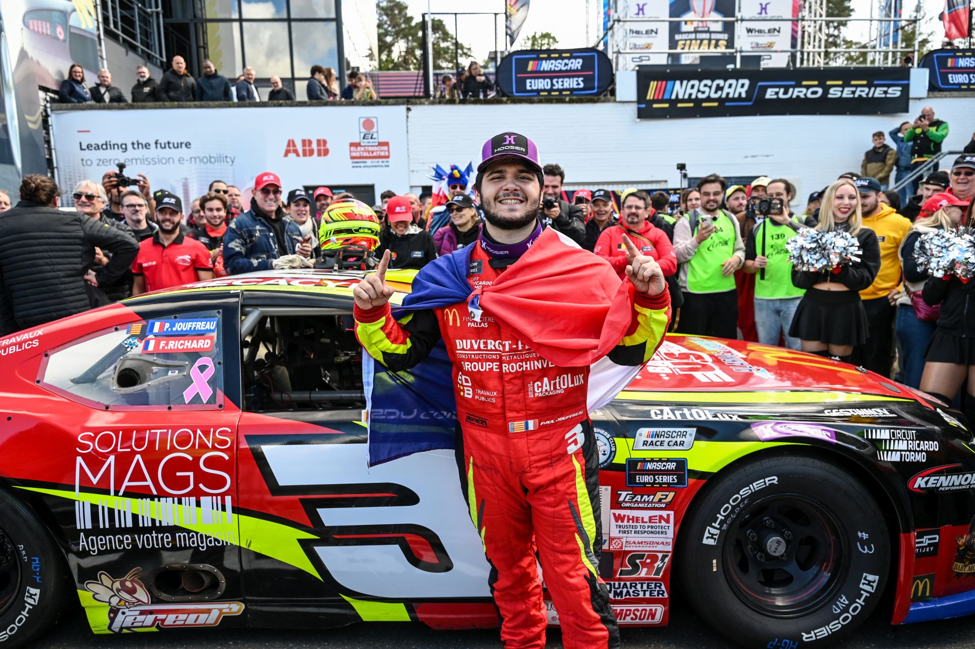 Paul Jouffreau celebrates his third win of the 2026 season in Victory Lane with his RDV Competition team, family and friends